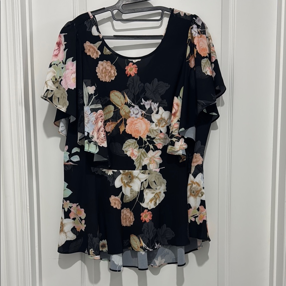 City Chic Black Floral Ruffle Sleeve Peplum Blouse - 16w - NWT